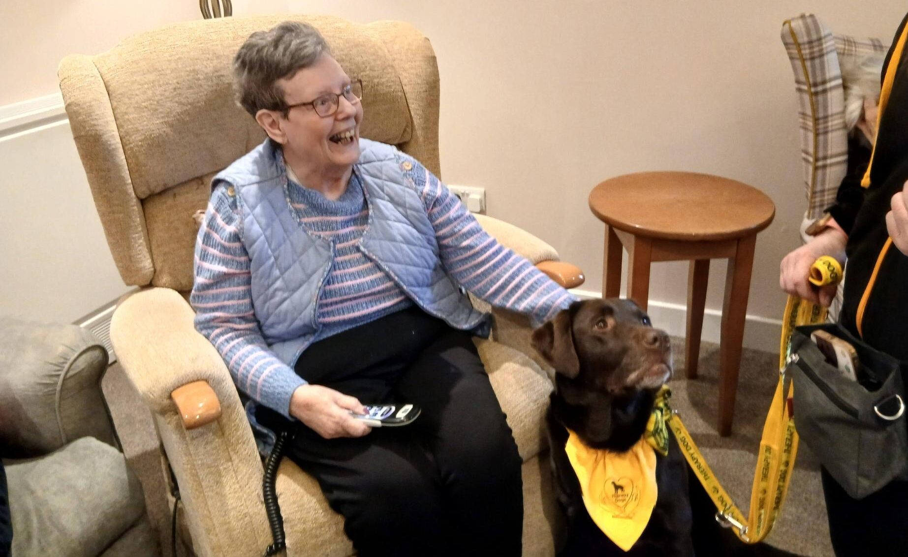 woman smiling with pet therapy brown Labrador