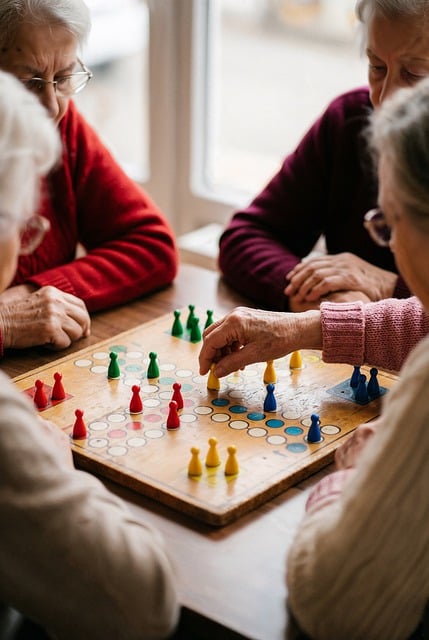 elderly people playing a wooden board game